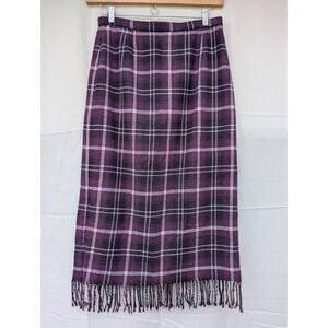 Nouveaux VTG Women's Plaid Midi Skirt Sz 12P Purple Fringed Hem Fall Grunge